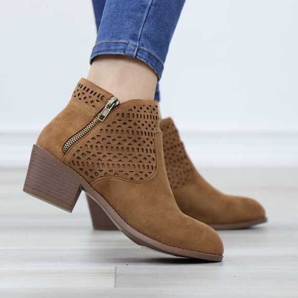 Tan Round Toe Low Heel Ankle Boots Faux Suede Lacer Cut Design - Picture 3 of 12